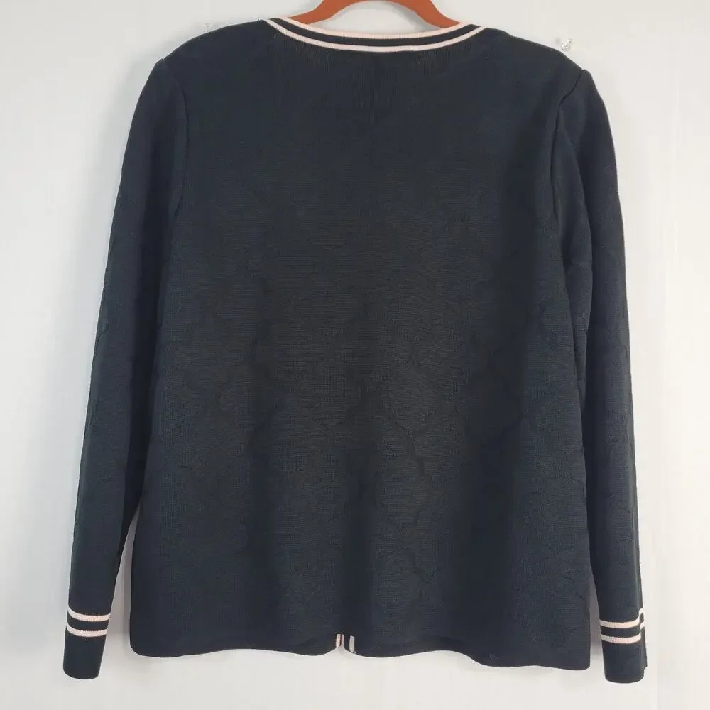 Ming Wang Double Striped Hem Cardigan women's size L Black Pink Preppy Old Money
